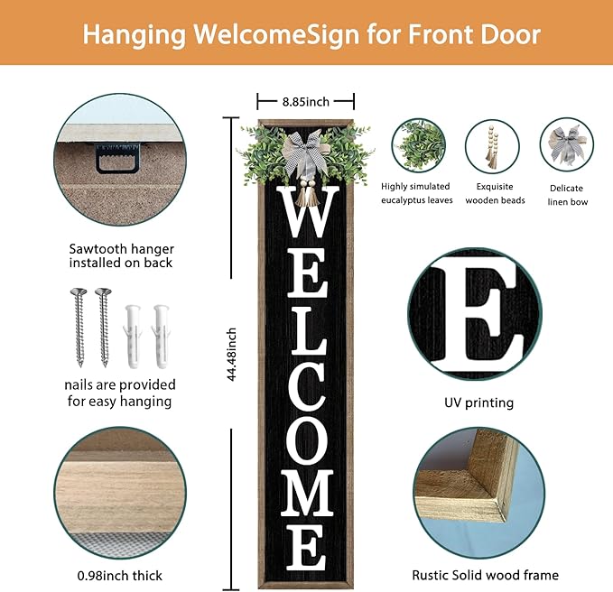 Surfapans Welcome Sign for Front porch Standing 45"X9"Large Wood Frame Outdoor Tall Welcome Signs Vertical Decor for Farmhouse Rustic Home Modern Outside Front Door Wall Decorations (Wood Black)-VerdiqueGarden