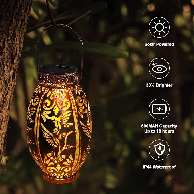 Hummingbird Lantern 2 Pack Solar Lanterns Outdoor Hanging Solar Lights, Upgraded Metal Garden Lanterns - Waterproof LED Decorative Light for Garden Patio Yard Gifts for Mom Grandma Women-VerdiqueGarden