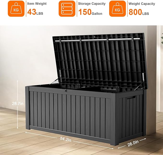 150 Gallon Resin Outdoor Deck Box Waterproof Patio Furniture, Garden Tools, Cushions, Pool Accessories Outside Storage (Black, 150 Gallon)-VerdiqueGarden