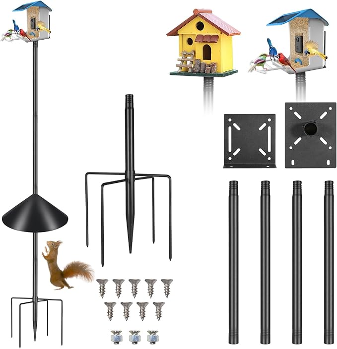 Smart Bird Feeder Pole Stand 79In,Adjustable Height Metal Bird House Pole for Outdoor Garden with Multiple Mounting Options (Black, Round Squirrel Baffle - High 79in)-VerdiqueGarden