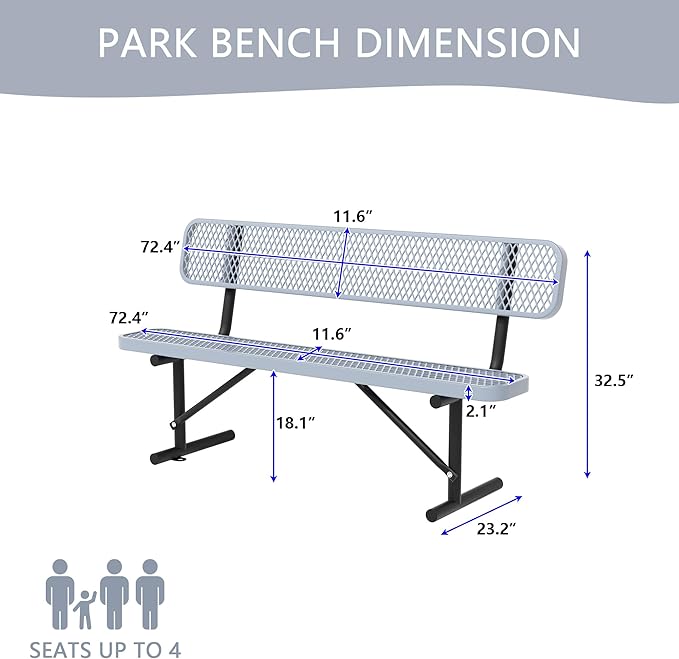 4/6/8 Feet Park Bench for Outside Heavy Duty Metal, Garden Benches Outdoor Bench with Backrest & Portable Frame, for Shopping Malls Stores Parks Patios Decks, Grey-VerdiqueGarden