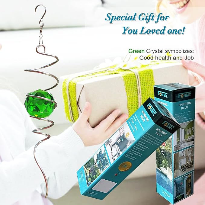 Fonmy Gazing Ball Spiral Tail -Decorative Wind Spinner Sun Catcher Rainbow Maker 11 inch Tail and 2 inch Green Crystal Orb. Indoor Outdoor Garden Decoration -13 inch Height-VerdiqueGarden