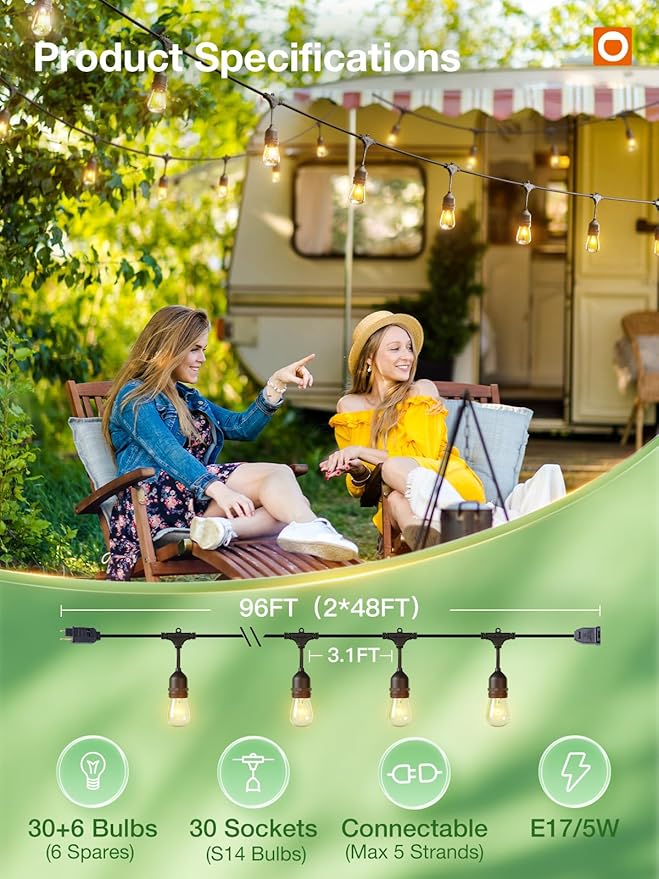 addlon 96FT(48FT*2) Outdoor String Lights Commercial Grade Weatherproof Strand, 36 Edison Vintage Bulbs, 30 Hanging Sockets 6 Spare Bulbs ETL Listed Decorative Christmas Lights for Patio Garden-VerdiqueGarden