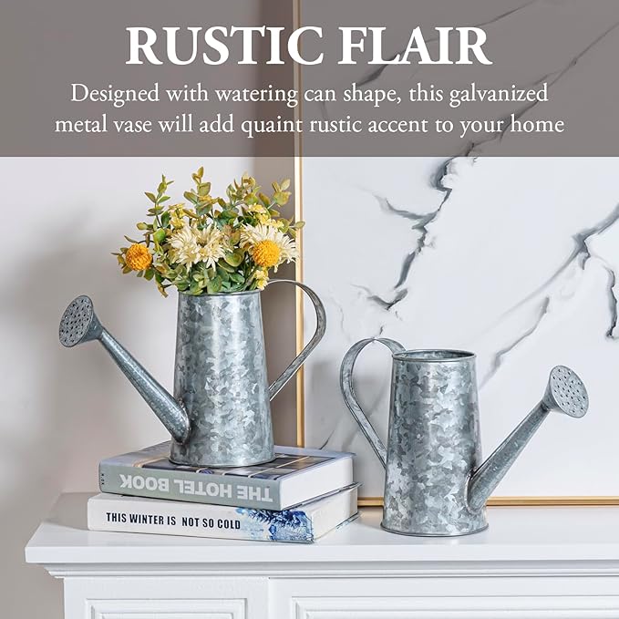 MyGift 7 Inch Small Rustic Galvanized Metal Decorative Vases in Vintage Style Watering Can Design for Dried Flowers and Artificial Plants, Set of 2 - Handcrafted in India-VerdiqueGarden