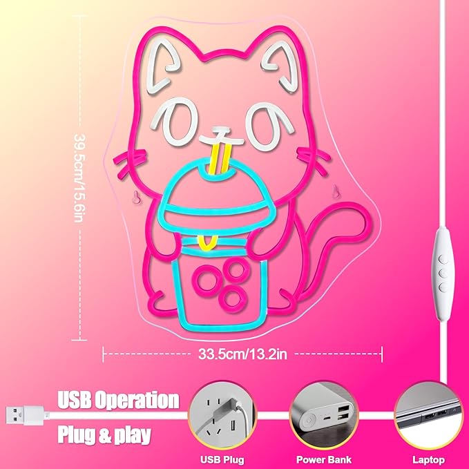 Cat Boba Tea Neon Sign,Cute Pink Kitty Bubble Tea Neon Signs for Wall Decor,Dimmable LED Neon Light Bar Sign,USB Light Up Signs for Kids Bedroom Dimsum Store Cofes Bar Milk Tea Shop-VerdiqueGarden