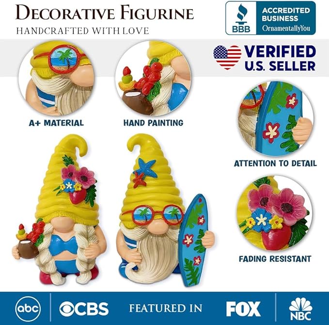 Spring & Summer-Themed Garden Statues – Adorable Outdoor Decor for Lawn, Patio & Porch (Tropical Beach Gnome Duo Figurine Set, Cute 6" Summer Decoration Garden Statue)-VerdiqueGarden