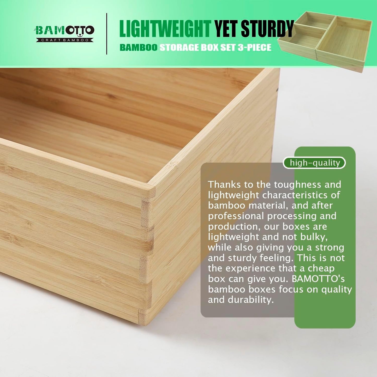 3-Piece Large Bamboo Storage Box Set, 3.1 in High Stackable Deep-Drawer Organizer for Kitchen Cutlery, Cookware, Utensils & Knives, Exquisite Durable Lidless Wooden Bin (14.6"x10.2"*1+10.2"x7.3"*2)-VerdiqueGarden