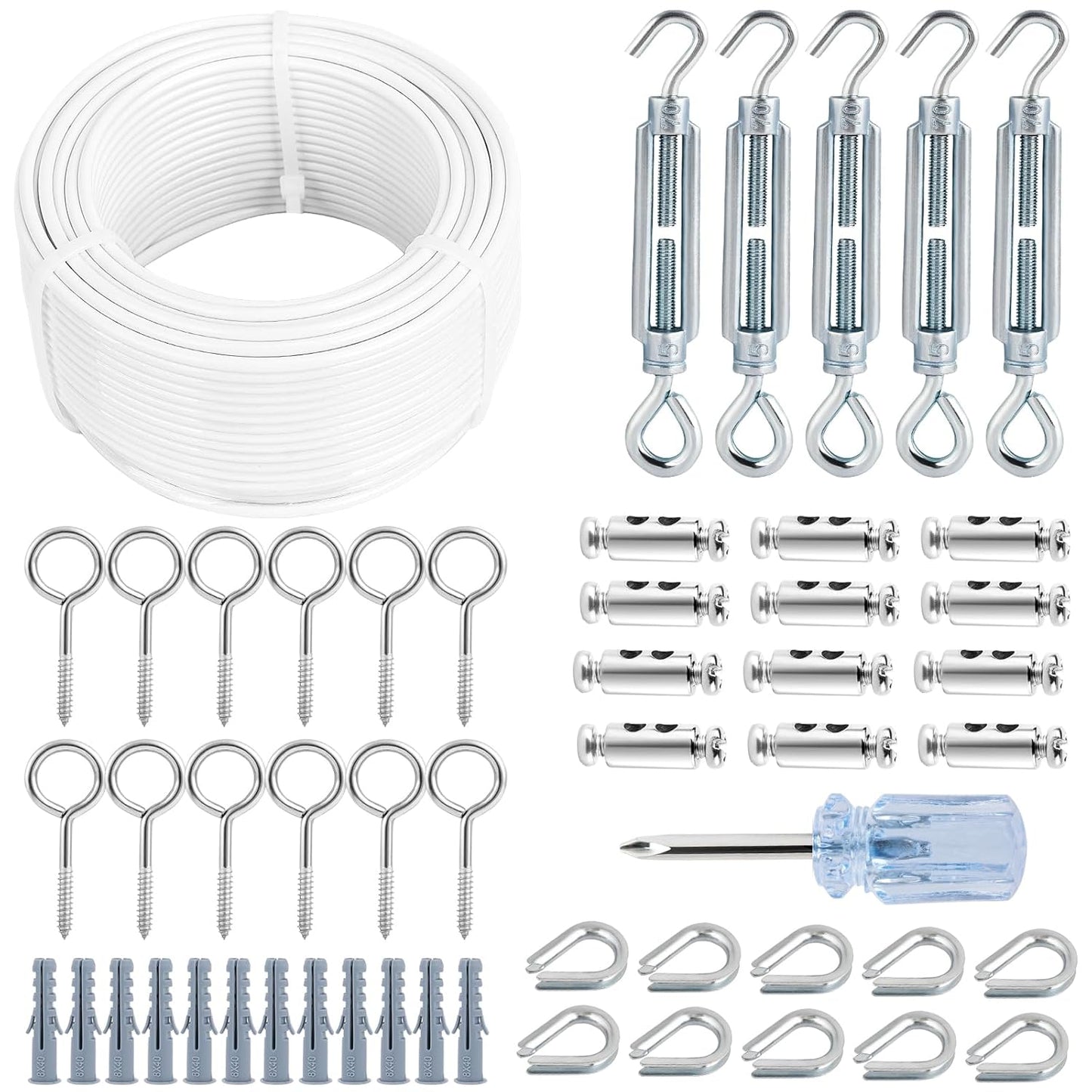 Turnbuckles for Cables Wire, 1/8" X 100Ft White PVC Coated Wire Rope Kit, Multi-use Steel Cable for Grape Vines/Clothes Line Outdoors for T Post/String Light Hanging/Garden Wire-VerdiqueGarden