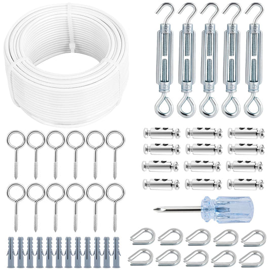 Turnbuckles for Cables Wire, 1/8" X 100Ft White PVC Coated Wire Rope Kit, Multi-use Steel Cable for Grape Vines/Clothes Line Outdoors for T Post/String Light Hanging/Garden Wire-VerdiqueGarden