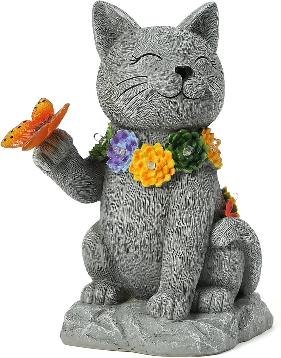 Outdoor Solar Cat Garden Statue - with LED Flower and Butterfly Statue Light, Suitable for Lawn Decor, Porch, Yard Decorations Outdoor, Birthday Gift for Women-VerdiqueGarden