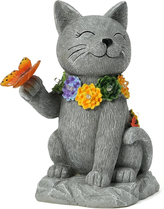 Outdoor Solar Cat Garden Statue - with LED Flower and Butterfly Statue Light, Suitable for Lawn Decor, Porch, Yard Decorations Outdoor, Birthday Gift for Women-VerdiqueGarden