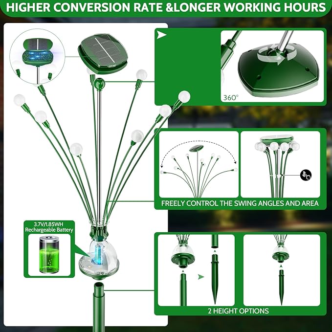 HIGH Power Solar Garden Lights Outdoor, 2 Pack 18 LED Solar Firefly Lights Fairy Swaying by Wind for Outside, IP67 Waterproof, for Patio Garden Yard Walkway Sidewalk, Green-VerdiqueGarden