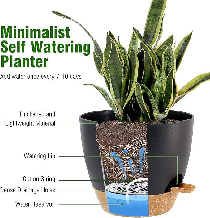 10/9/8 inch Self Watering Pots, Set of 3 Plastic Planters with Mesh Drainage Holes and Deep Reservoir for Indoor Outdoor Garden Plants and Flowers, Black with Brown-VerdiqueGarden