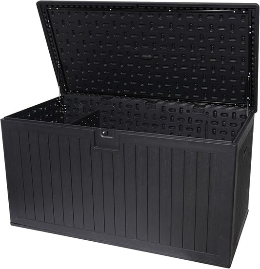 260 Gallon Outdoor Storage Box Waterproof, Extra Large Plastic Outside Deck Box Weatherproof, Resin Patio Storage Bin with Lock and Lids for Pool Equipment and Cushion, Black-VerdiqueGarden