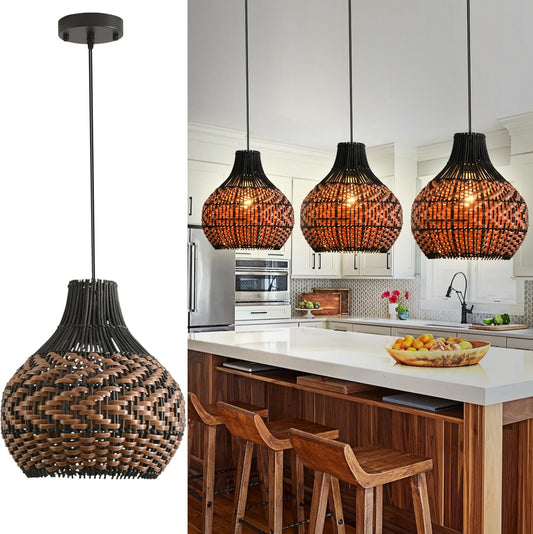 3-Pack Rattan Pendant Light 10.24" Hand-Woven Black Brown Fax Rattan Basket Chandelier Mini Boho Wicker Hanging Lamp for Dining Living Bedroom Kitchen Farmhouse-VerdiqueGarden