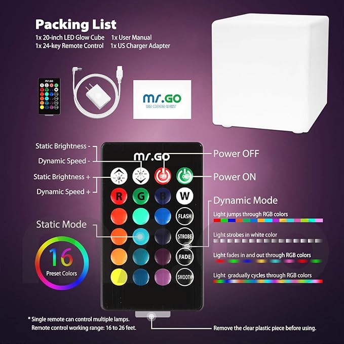 Mr.Go 20-inch LED Lighted Cube Table, Large LED Cube Chair Light, 16 RGB Colors LED Cube Seat w/Remote - Rechargeable - Waterproof - Home Outdoor Patio Pool Bar Stage Party Lighting Decoration-VerdiqueGarden