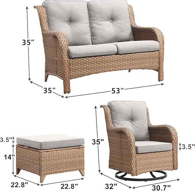 Outdoor Wicker Patio Furniture Set - 5 Piece Rattan Patio Conversation Set with 2 Rocking Swivel Chairs,2 Ottomans and 1 Loveseat for Porch Deck Backyard Garden(Yellow/Beige)-VerdiqueGarden