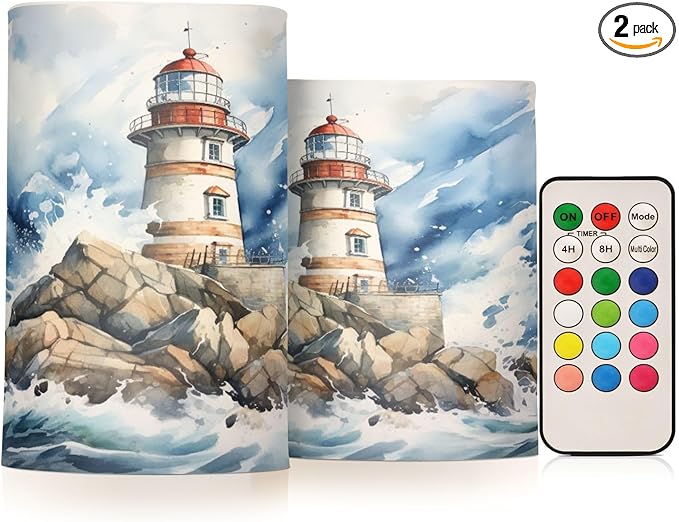 Flickering Flameless Candles, Lighthouse Ocean LED Candles with Remote Timer, Set of 2 Battery Operated Candle for Valentine Wedding Birthday-VerdiqueGarden