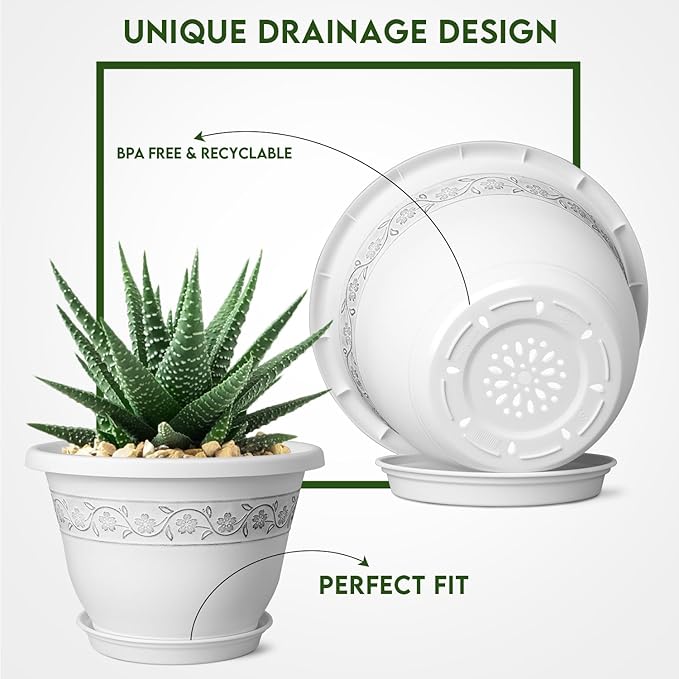 10 Inch Plant Pots with Drainage Hole - Lightweight Flower Pots for Herbs and Flowers - Home Decor Plastic Planters for Indoor Outdoor Plants- Pack of 4 (White, 10 inch)-VerdiqueGarden