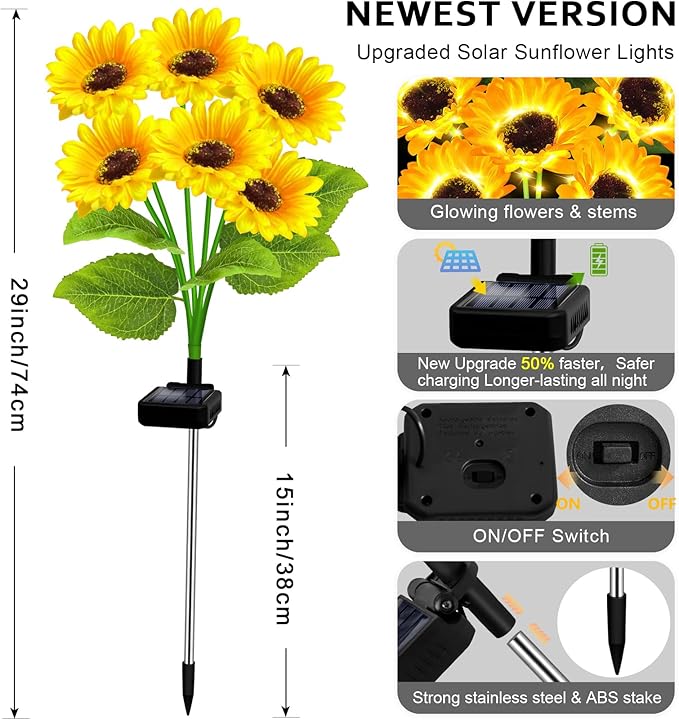 Solar Lights Outdoor Garden Decor,4 Pack with 24 Sunflower Lights,Solar Flowers Lights Waterproof,Sunflowers Gifts for Mom Women Grandma Birthday,Decorative Stakes Lights for Landscape Yard Patio Lawn-VerdiqueGarden