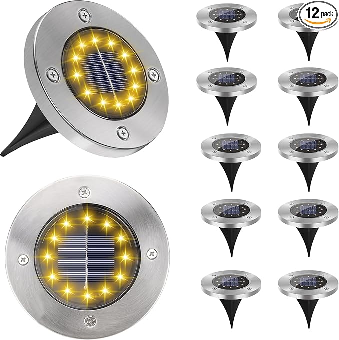 Solar Garden Lights Outdoor, 12 Packs Bright Solar Powered Ground Lights with Updated 12 LEDs, Waterproof Disk Warm Flat Lights for Garden Patio Yard Deck Lawn Walkway Landscape Decor-VerdiqueGarden