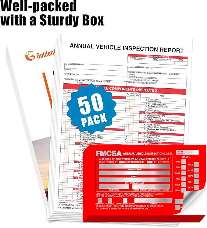 Goldenfox DOT Inspection Forms and Stickers,50-Pack,3-Ply Carbonless Annual Vehicle Inspection Report Form(8.5" x 11.75) with Red Exterior Aluminum Inspection Label(6"x3.5"), Permanent Adhesive.-VerdiqueGarden