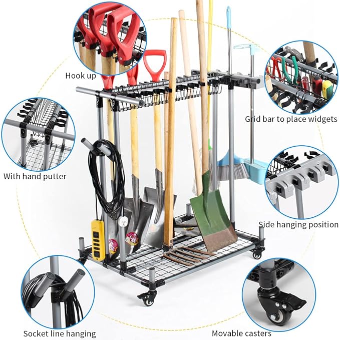 Mobile garden tool organizer metal Garage Storage Holder storage large long lawn tools heavy duty tool rack sturdy yard cart-VerdiqueGarden