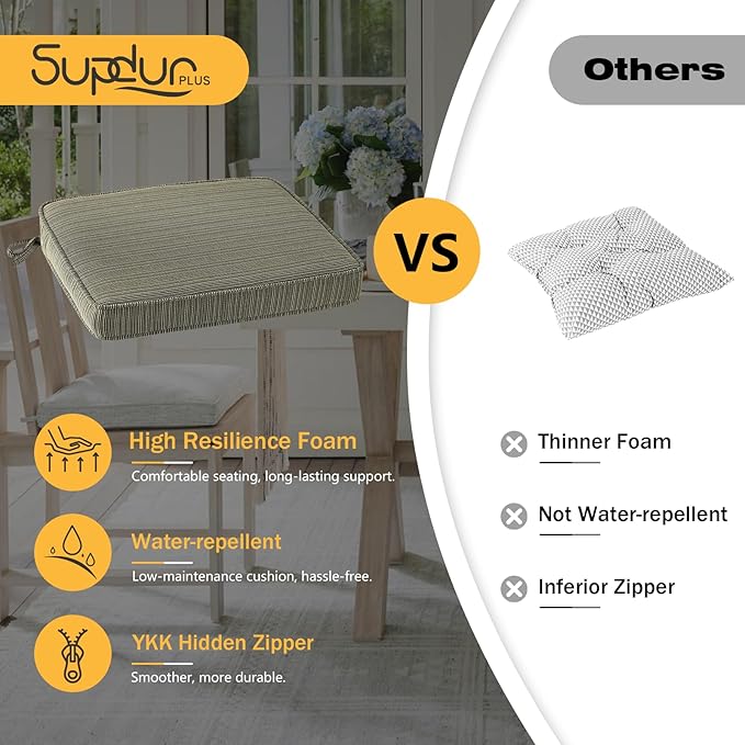 Outdoor Square Corner Seat Cushion, 18.5"x16"x3", Set of 4, Non Slip Seat Cushion Pads with Removable Cover for Patio Furniture, Garden Yard Lawn, Dark Black Tan Stripe-VerdiqueGarden