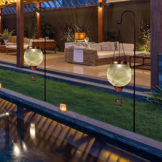 Starsoul 2 PC Cage Hot Air Balloon Solar Lantern with Flame Glass Outdoor Hanging Hot Air Balloon Solar Light Lamp Waterproof Garden Patio Yard Party Decorations-VerdiqueGarden