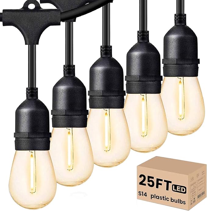 Svater Outdoor Led String Lights 25 FT, Patio Lights for Outside with 9pcs S14 Shatterproof Bulbs, 1 Watt E26 Dimmable, IP65 Waterproof, Commercial Grade Bistro Light 2700K Warm White-VerdiqueGarden