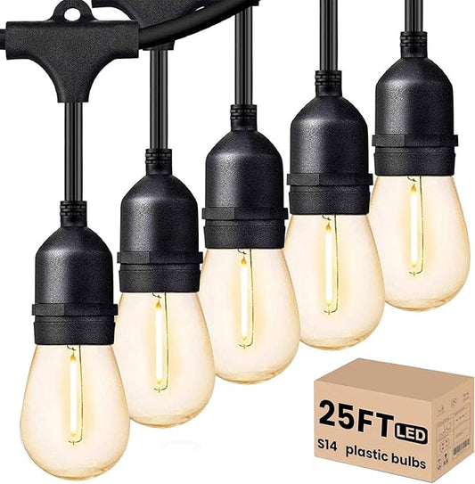 Svater Outdoor Led String Lights 25 FT, Patio Lights for Outside with 9pcs S14 Shatterproof Bulbs, 1 Watt E26 Dimmable, IP65 Waterproof, Commercial Grade Bistro Light 2700K Warm White-VerdiqueGarden