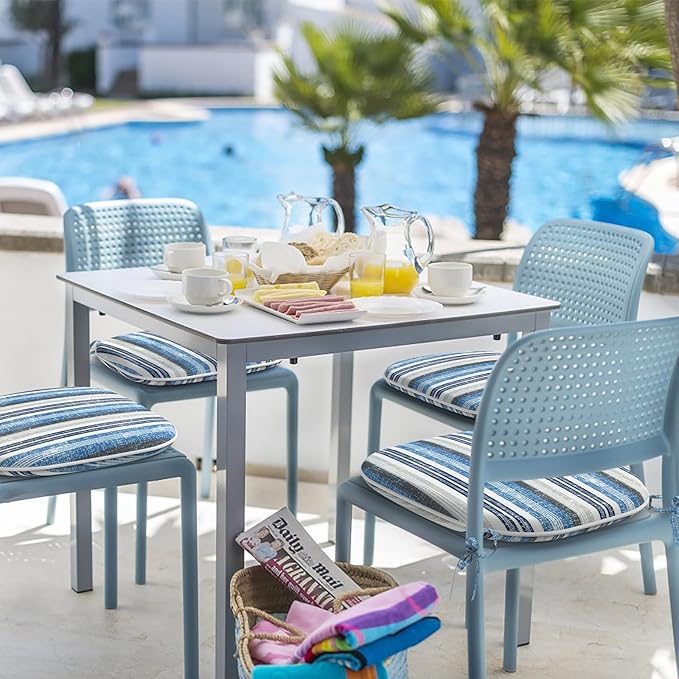 Indoor/Outdoor Chair Cushions 16x17 Inch, Patio Chair Cushions with Ties, All Weather Seat Cushions for Patio Furniture Home Garden Chair Use, Set of 4, Stripe Layered Blue-VerdiqueGarden