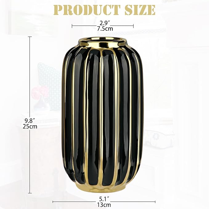 Briful Gold Plated Lantern Ceramic Vase Home Decor Creative Design Porcelain Decorative Flower Vase 11.02'' Black Ceramic Vases for Wedding Anniversary Decoration-VerdiqueGarden