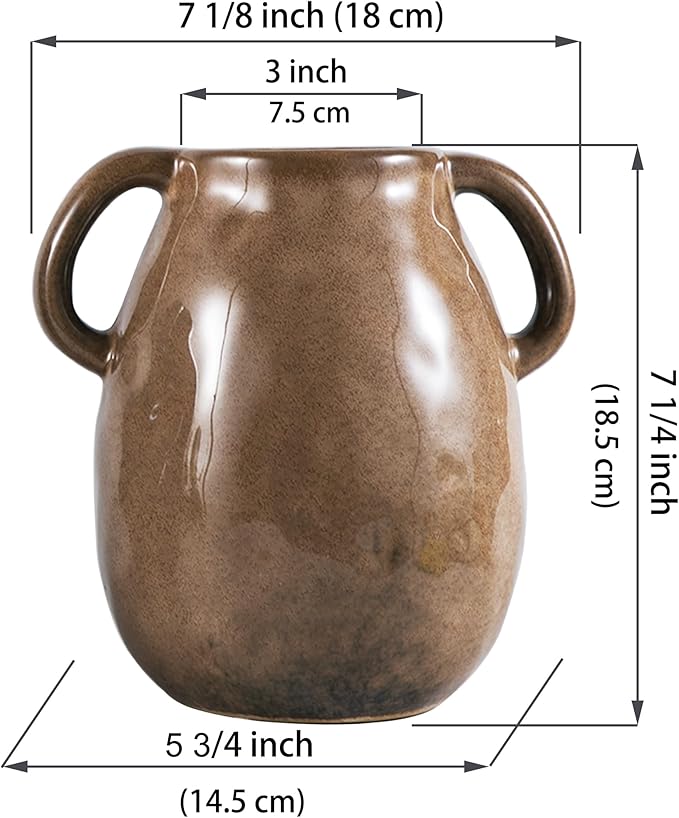 Kimdio Brown Ceramic Vase with 2 Handles, Modern Farmhouse Vase for Home Decor, Vintage Rustic Pottery Vase, Decorative Terracotta Vase, Clay Jug for Living Room Dining Table Shelf-VerdiqueGarden