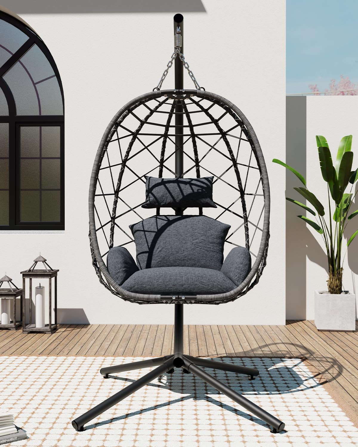 SWITTE Egg Swing Chair with Stand, Outdoor Patio Hanging Egg Chair, Indoor Hammock Chair with Cushion for Garden Backyard, 400LBS Capacity-Dark Grey-VerdiqueGarden