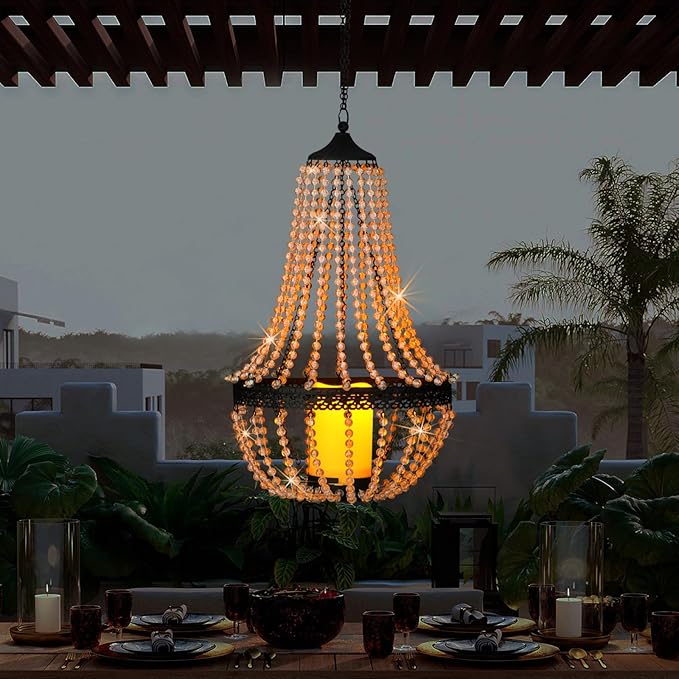 Hanging Candle Lantern, 27” Battery Operated Modern Clear Acrylic Crystal Chandeliers with Flickering Yellow Led Candle Light S Hooks for Garden, Backyard, Gazebo, Room Indoor Outdoor Decor-VerdiqueGarden