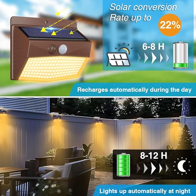 [4 Packs] Solar Outdoor Lights Motion Sensor Solar Security Lights Waterproof with 3 Lighting Modes Solar Powered Wall Lights Outside for Garden Fence Yard,Brown Warm-VerdiqueGarden