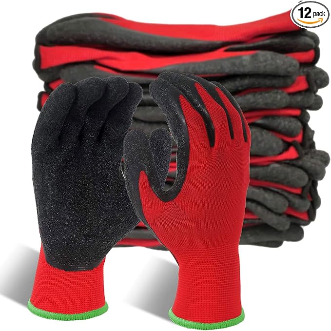 Evridwear Crinkle Latex Rubber Hand Coated Safety Work Gloves for Men Women General Multi Use Construction Warehouse Gardening Assembly Landscaping (XL-Size) 12 Pairs Pack-VerdiqueGarden