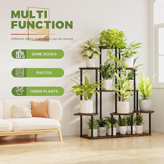 Bamworld Large Plant Stand Indoor, 9 Tier Tall Metal Plant Shelf for Multiple Plants, Tiered Flower Stand for Patio Garden Balcony Living Room Bedroom(Brown)-VerdiqueGarden