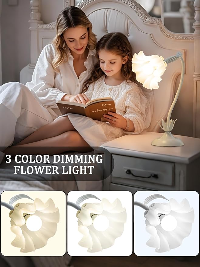 Flower Table Lamp,LED Reading Light Bedside Vintage Flower Night Light,3 Colors Modes Kawaii Bedside Lamps Decor,Living Room Bedroom Room Lighting Table Lamps Home Decoration (White)-VerdiqueGarden