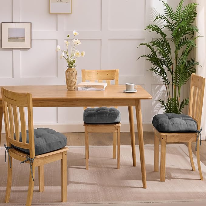 Chair Cushions for Dining Chairs, Dining Chair Cushions, Tufted Indoor Chair Pads with Ties & Non Slip Backing, Seat Cushions for Kitchen Chairs 16.5” x 16.5” x 3.5”, Set of 4, Grey-VerdiqueGarden