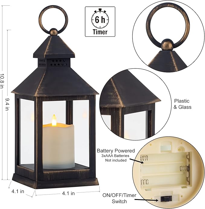 Vintage Golden Brushed Black Lantern Decorative LED Flickering Flameless Candle with Timer, Battery Powered LED Decorative Hanging Lanterns for Indoor Outdoor Garden Yard Home Decor(4 Pack)-VerdiqueGarden