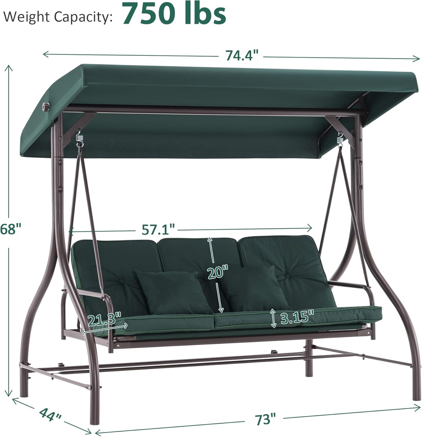 MCombo 3-Seat Outdoor Patio Swing Chair, 2-in-1 Convertible Porch Swing Glider Chair with Removable Cushions, Adjustable Canopy & Pillows for Backyard, Deck, Garden, 4068 (Green)-VerdiqueGarden