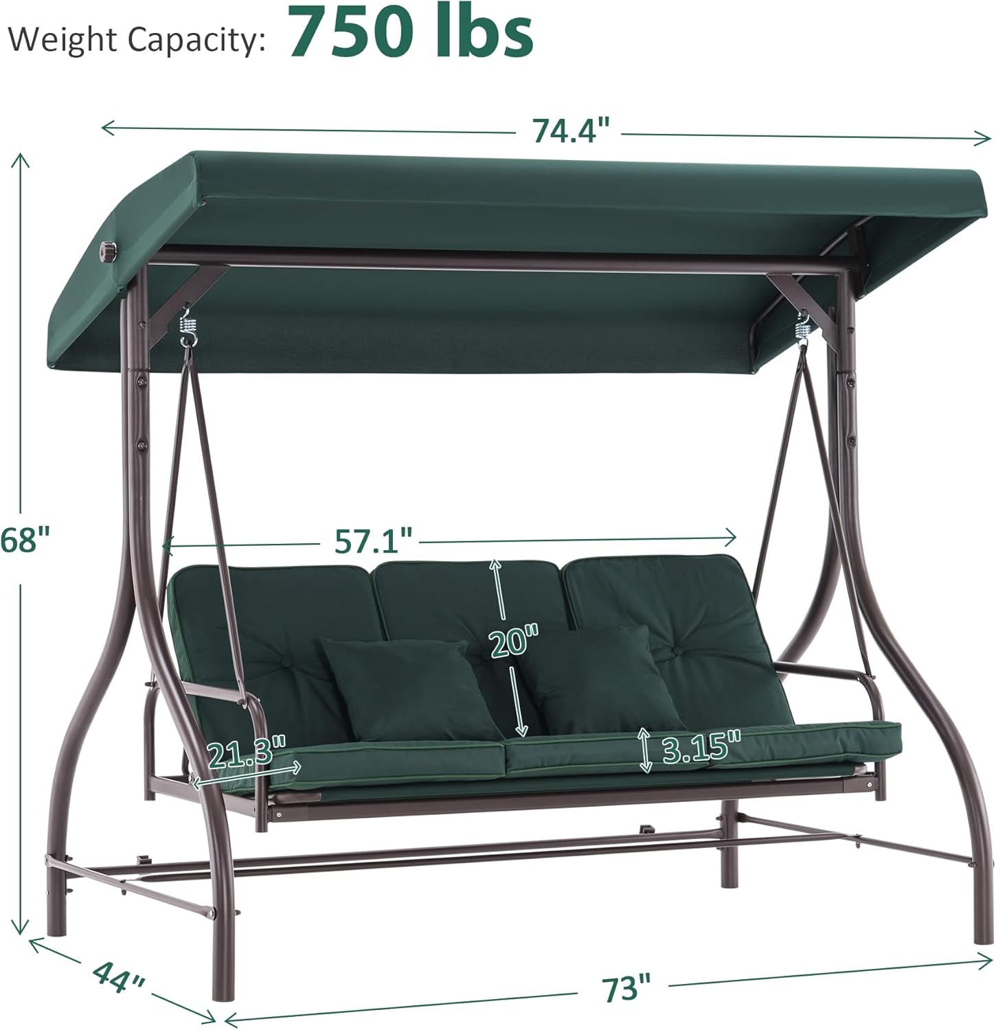 MCombo 3-Seat Outdoor Patio Swing Chair, 2-in-1 Convertible Porch Swing Glider Chair with Removable Cushions, Adjustable Canopy & Pillows for Backyard, Deck, Garden, 4068 (Green)-VerdiqueGarden