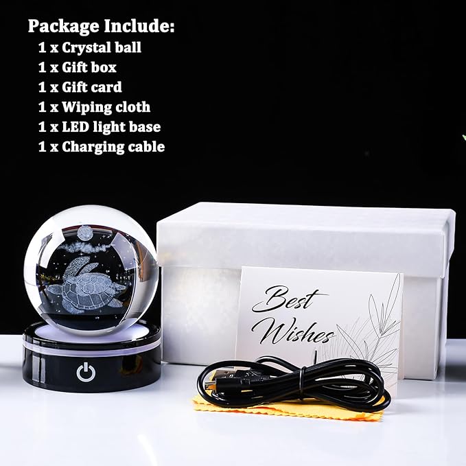 YWHL 3D Sea Turtle Crystal Ball Figurine with LED Base Laser Sea Turtle Gifts for Women Men on Christmas Birthday Decorative Turtle Ball Sea Turtle Glass Globe Night Light for Home Decor (80mm)-VerdiqueGarden