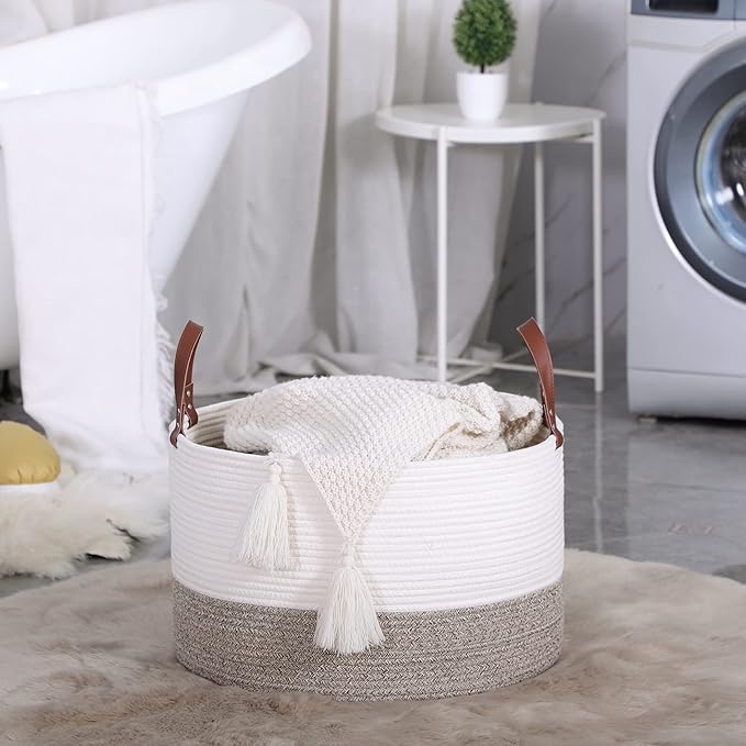KAKAMAY Large Blanket Basket (20"x13"),Woven Baskets for storage Baby Laundry Hamper,Cotton Rope Blanket Basket for Living Room, Laundry, Nursery, Pillows, Baby Toy chest (White/Beige)-VerdiqueGarden