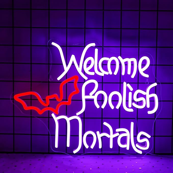 Welcome Foolish Mortals Neon Sign Halloween LED Neon Signs for Wall Decor Halloween Neon Light USB Light Up Sign for Halloween Decor Halloween Party Decoration,Door,Windows,Bar,Man Cave-VerdiqueGarden