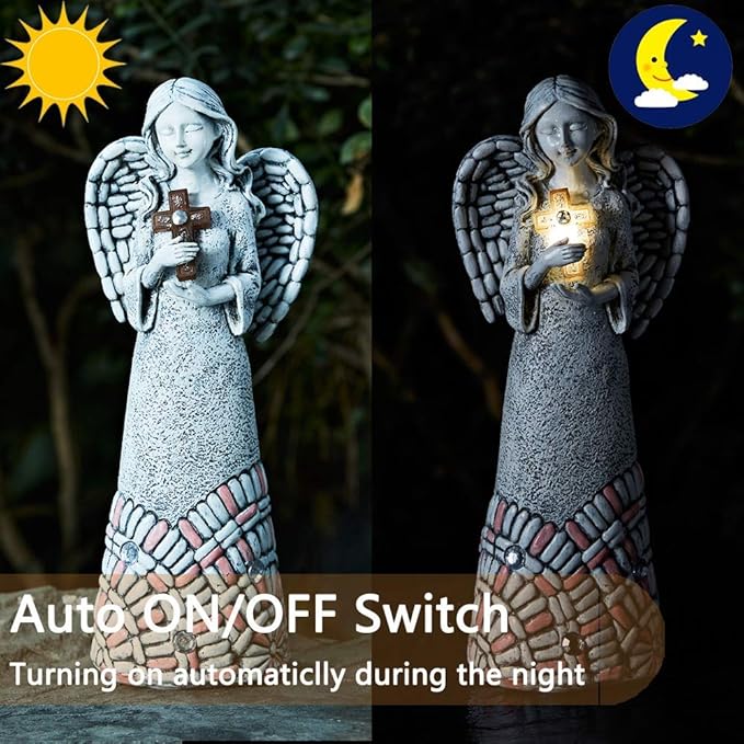 Angel Garden Statues Outdoor Solar Decor Gifts for Women Cross Praying for Cemetery Backyard Lawn Yard Decoration（10.24inch）-VerdiqueGarden