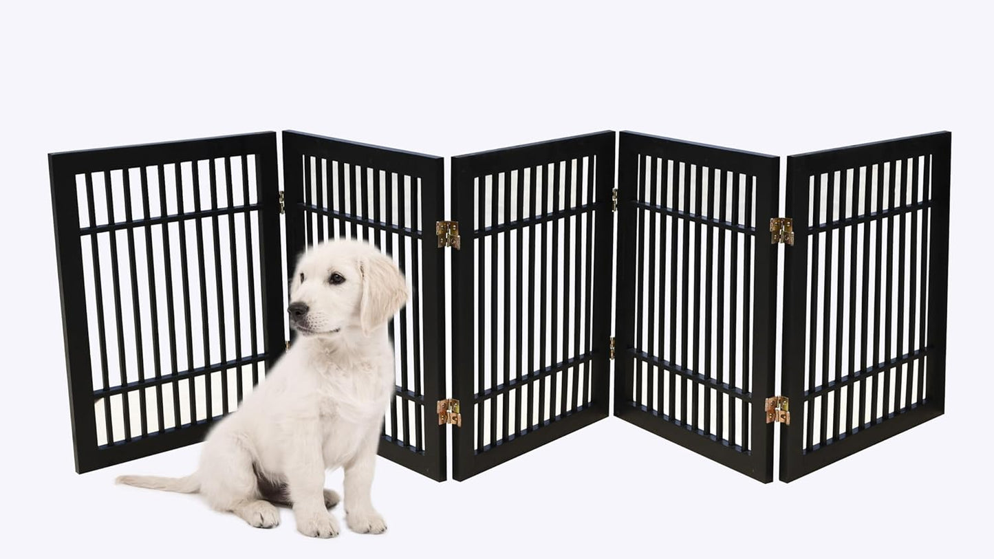 Pet Dog Gate Strong and Durable Freestanding Folding Acacia Hardwood Portable Wooden Fence Indoors or Outdoors by Urnporium (Black Pet Gate, 5 Panel 24" Tall)-VerdiqueGarden