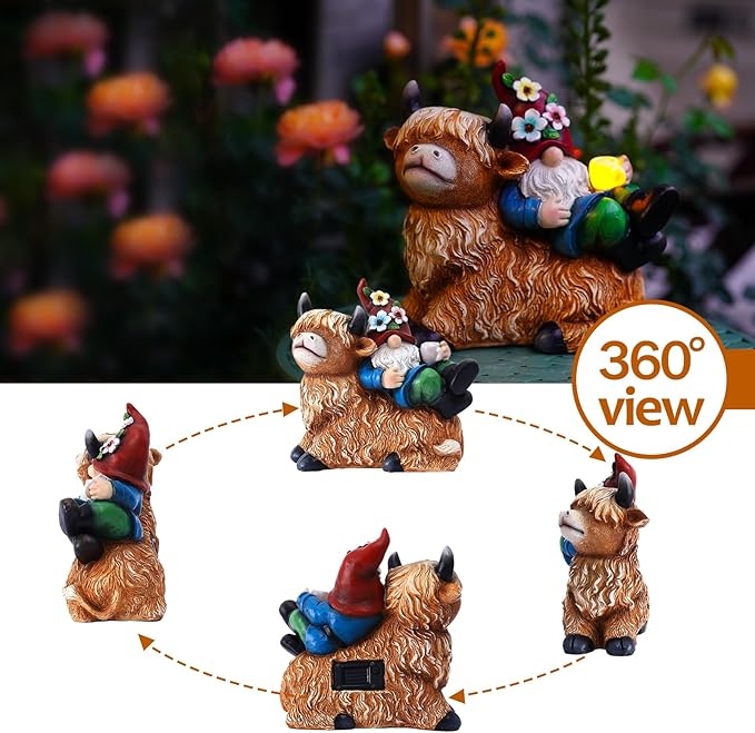 Garden Gnomes Decor Outdoor Statues Gnome on Highland Cow Hold Solar Cup Light Outdoor Decorations for Patio,Yard and Gift for Mom-VerdiqueGarden